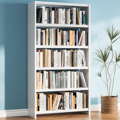 69" White Bookshelf, 5 Tier Tall Bookcase with Bookend, Large Metal Book Shelf Display Storage Shelves for Bedroom Living Room Office - color: White, size: 69"