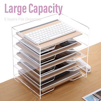 SANRUI Acrylic Paper Organizer Letter Tray for Desk, 5 Tier Enlarged File Sorter,Clear File Holder Desktop Shelf Document Storage for School Office Home - style: Enlarged 5 Tier File Tray Holder