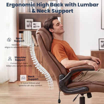 Ergonomic Office Chair, High Back Leather Executive Desk Chair - color: Brown