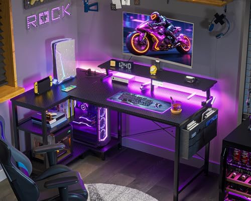 ODK 40 Inch L Shaped Gaming Desk with LED Lights, Power Outlets, Black - size: 40 Inch