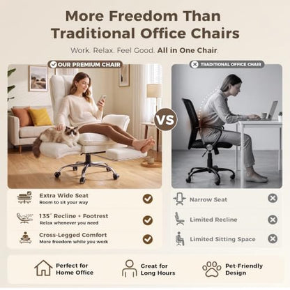 Big and Tall Office Chair, Flip Armrests for Pets & Cross Legged Sitting | Executive Ergonomic Computer Gaming Chair with Foot Rest, Teddy Fleece Wide Seat Reclining Desk Chair, White Vanity Chair - color: White