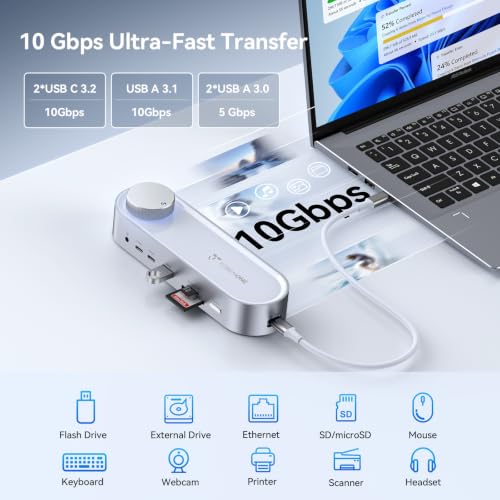 TobenONE USB C Laptop Docking Station Dual Monitor, 100W PD, 5×USB 10Gbps | 15-in-1 Dual HDMI 4K@60Hz, Volume Knob, 100W Charger, Ethernet Audio SD/TF for Dell/Lenovo/HP/Windows(No Power Adapter)