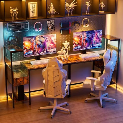 Computer Desk with Power Outlet and USB Charging Station, Space-Saving Study Writing Table with Storage Shelves, PC Laptop Workstation for Home Office Bedroom (Brown) - color: Brown