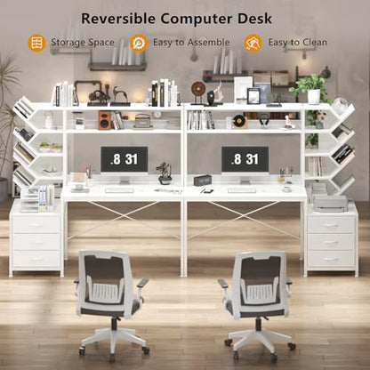 YOMILUVE 52" Computer Desk with Bookshelf, 3 Drawers ＆ Hutch for Bedroom | White Office Desk with Printer Shelf, Study Writing Desk with Storage Shelves - color: White