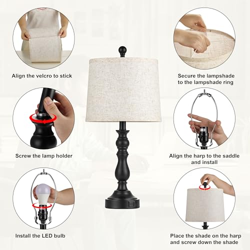 Black Table Lamps Set of 2, Black Lamps for Bedroom, USB C+A Ports - color: A.Beige, Black