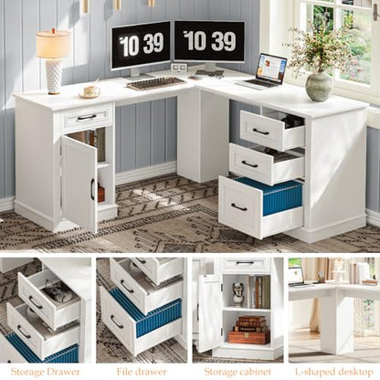 Vabches Farmhouse 59" L-Shaped Executive Desk with Drawers, Cream White - color: Cream White