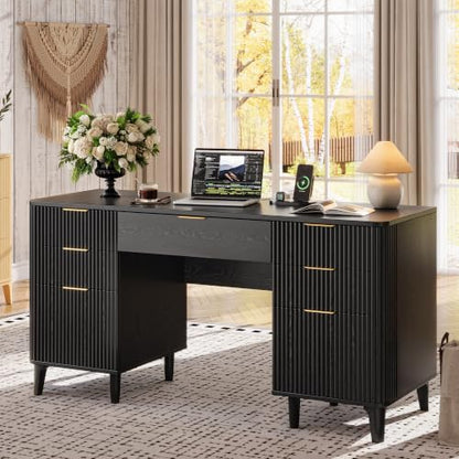 55.1" Fluted Executive Desk with Drawers, Wood Computer Desk with Storage Cabinet, Home Office Desk with Charging Station, Farmhouse Desk with File Cabinet for Office Home - color: Black With 4 Legs