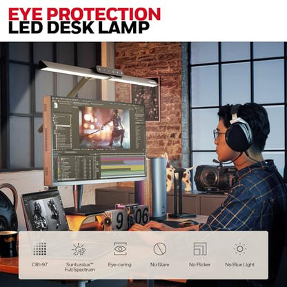 Honeywell HJ1 Sunturalux LED Clamp Desk Lamp 1200LM for Home Office | CRI≥97, 3000K-5700K, Low Blue Light, Flicker-Free, Dimmable Task Desk Light for Computer, Black - style: Black Clamp