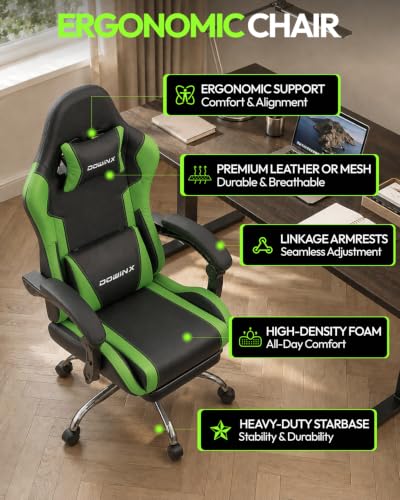 Dowinx Ergonomic Gaming Chair with Footrest & Massage Lumbar, 2D-Linkage Armrests for Computer Chair 330lbs with Headrest Pillow for Office, Home, Streaming and Long Gaming Sessions, Green - color: Green
