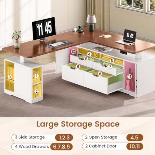 SEDETA Modern L Shaped Executive Electric Standing Desk with 4 Drawers | 69" x 55" Height Adjustable Office Desk with Storage Shelves, Power Outlet, Sit Stand Computer Desk, White and Brown - color: Modern White + Brown