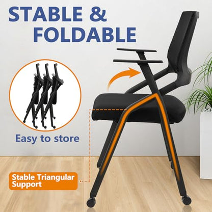 CLATINA Stackable Foldable Conference Room Chairs with Wheels, Portable Padded Office Desk Chair with Lumbar Support and Armrest for Training Room, Guest, Reception, Black (2pk)