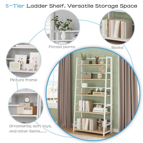 JSB 5 Tier Bookshelf, No Assembly Folding Ladder Bookshelf, 51.6in Tall Foldable Ladder Shelf, Bookcase for Home Office, Living Room,Space-Saving (Natural & White, 5 Tier) - color: Natural & White