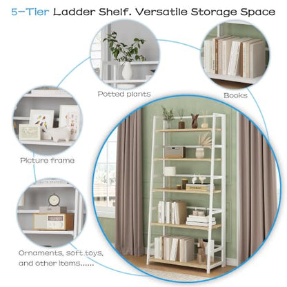 JSB 5 Tier Bookshelf, No Assembly Folding Ladder Bookshelf, 51.6in Tall Foldable Ladder Shelf, Bookcase for Home Office, Living Room,Space-Saving (Natural & White, 5 Tier) - color: Natural & White