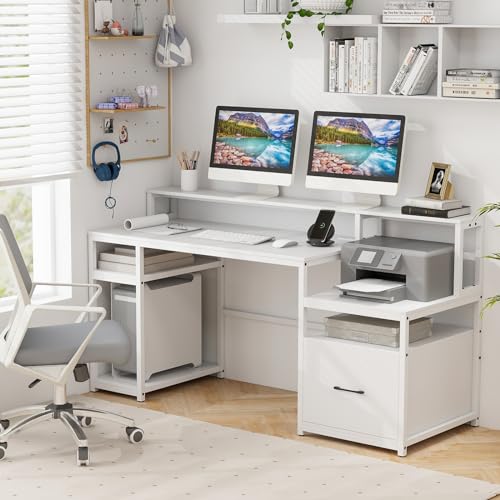 Tangkula Computer Desk with Power Outlets, 66” Computer Workstation with Monitor Stand, CPU Stand, Printer Shelf & File Drawer, Writing Table Gaming Desk for Home Office (White)