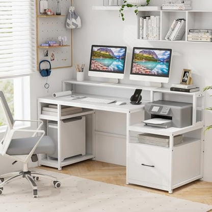 Tangkula Computer Desk with Power Outlets, 66” Computer Workstation with Monitor Stand, CPU Stand, Printer Shelf & File Drawer, Writing Table Gaming Desk for Home Office (White)