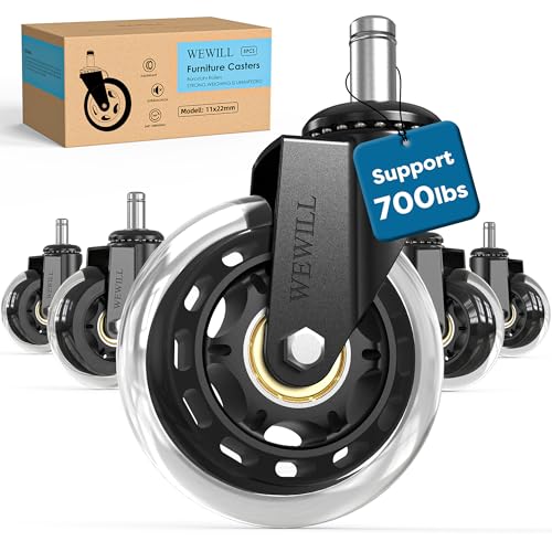 WEWILL Office Chair Wheels - Rubber Casters Replacement Universal Fit 98% Chair(Set of 5) Heavy Duty 3 Inch Smoothly & Quietly Safe for All Floor, Hardwood, Tile, Carpet, Noise Free - Clear - color: Clear
