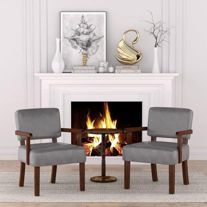 FAGAGA Accent Chairs Set of 2, 2 Solid Wood Armchairs with Side Table | Faux Leather Chair with Soft Thicken Cushion, Comfy Reading Chair for Bedroom, Waiting Room, Home Office, Easy Assembly - color: Faux Leather Gray, size: Set of 2 with table