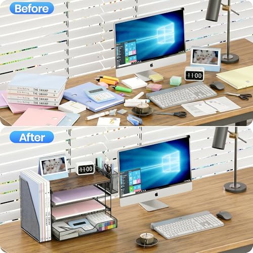 OPNICE Desk Organizers and Accessories, 4-Tier Desktop File Organizer with Drawer and Pen Holders, Office Desk Accessories Workspace Organizers for Office Supplies (Brown) - color: Brown, size: 4T