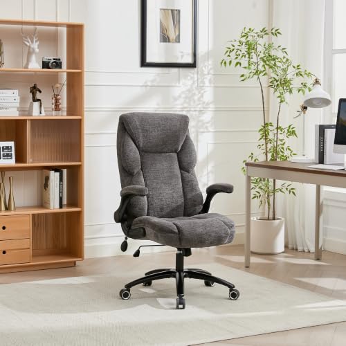 Fabric Office Chair with Inflatable Lumbar Support, Executive Ergonomic Desk Chairs with Flip Arms, High Back Cloth Computer Chair Rocking Function, Heavy Duty Metal Base 300 lbs Capacity| Grey - color: Grey