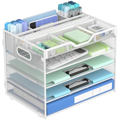 Docnest 5 Tier Mesh Desk Organizer with Removable Tray&Pen Holder, White - color: White, size: 12.6"x9.1"x10.3"