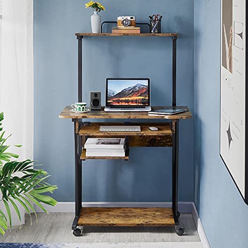 Yaheetech Small Rolling Computer Desk with Hutch and Shelves, Rustic Brown | Particle board and metal, with keyboard tray, hutch, and shelf for a monitor and tower in tight spaces, gliding on casters. - color: Rustic Brown