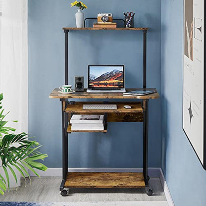 Yaheetech Small Rolling Computer Desk with Hutch and Shelves, Rustic Brown | Particle board and metal, with keyboard tray, hutch, and shelf for a monitor and tower in tight spaces, gliding on casters. - color: Rustic Brown