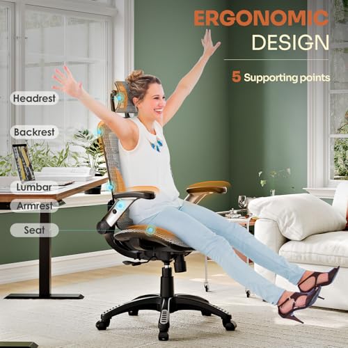 GABRYLLY Ergonomic Office Chair, High Back Home Desk Chair with Headrest, Flip-Up Arms, 90-120° Tilt Lock and Wide Cushion, Big and Tall Mesh Chairs for Man Woman, Grey Task Chair - color: Grey