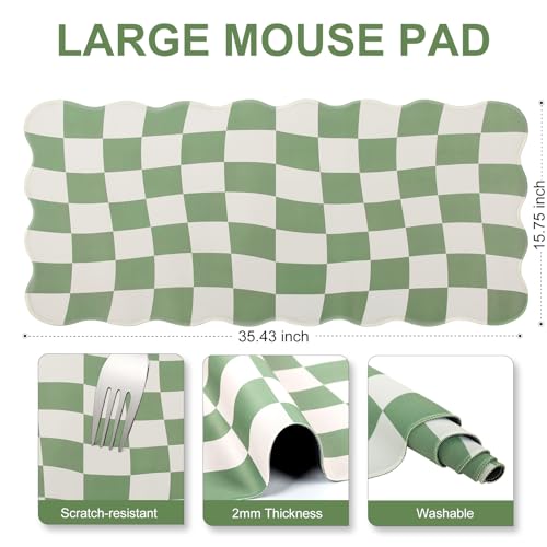 L-SPOUTTO Green Mouse Pad,Geometric Desk Mat XXL Large Scalloped Gaming Mousepad,35.4x15.7in Non-Slip Rubber Base Keyboard Pad Waterproof Desktop Mat for Laptop Computer Game Home Office-Checkered - color: Green Checkered