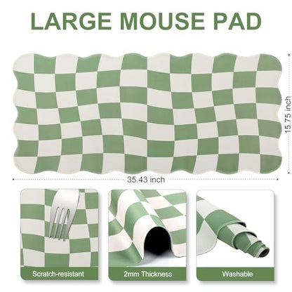 L-SPOUTTO Green Mouse Pad,Geometric Desk Mat XXL Large Scalloped Gaming Mousepad,35.4x15.7in Non-Slip Rubber Base Keyboard Pad Waterproof Desktop Mat for Laptop Computer Game Home Office-Checkered - color: Green Checkered