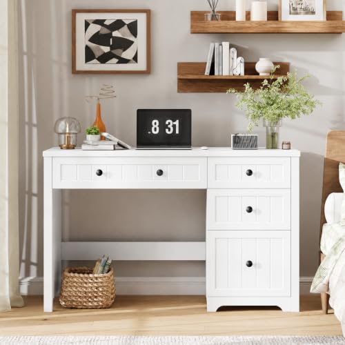 Vabches Farmhouse Executive Desk with 4 Drawers, Home Office Desk with File Drawer, Wood Computer Desk with Storage, Rustic Office Desk for Work Study Writing, Pure White - color: Pure White
