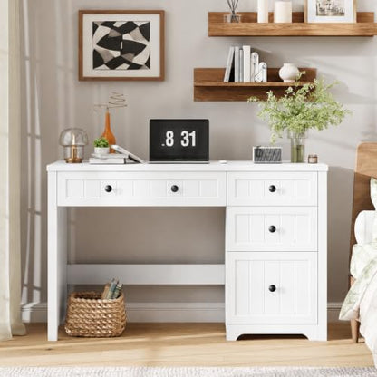 Vabches Farmhouse Executive Desk with 4 Drawers, Home Office Desk with File Drawer, Wood Computer Desk with Storage, Rustic Office Desk for Work Study Writing, Pure White - color: Pure White