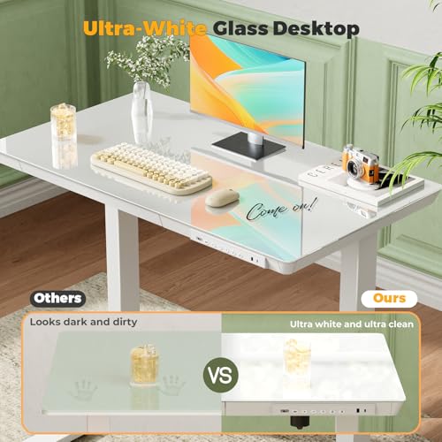 35" Electric Standing Desk with Drawer, One-Piece Glass Top - color: White Glass-top, size: 35"