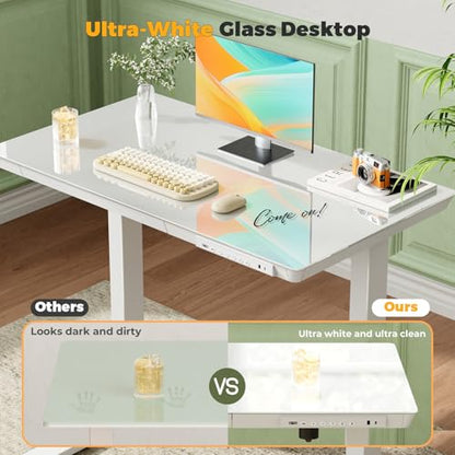 35" Electric Standing Desk with Drawer, One-Piece Glass Top - color: White Glass-top, size: 35"