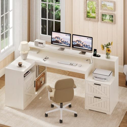 63" Farmhouse L Shaped Desk with Drawers and Printer Stand for Home Office - color: White