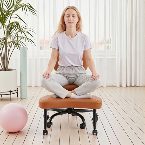 GUNJI Ergonomic Criss Cross Legged Office Chair, 360° Swivel Meditation Kneeling Chair with Wheels, ADHD Chair with Footrest, Lumbar Support, Wider Height Adjustable Seat (Brown, Faux Leather) - color: Brown