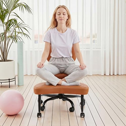 GUNJI Ergonomic Criss Cross Legged Office Chair, 360° Swivel Meditation Kneeling Chair with Wheels, ADHD Chair with Footrest, Lumbar Support, Wider Height Adjustable Seat (Brown, Faux Leather) - color: Brown
