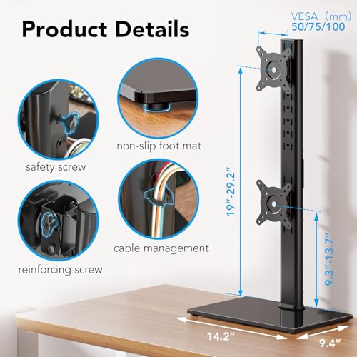 Dual Monitor Stand Vertical Stack Screen Free-Standing Desk Mount Arm Riser Fits Two 13 to 34 Inch Computer Monitors with Swivel,Tilt, Height Adjustable,VESA Stand 100x100mm, 75x75mm AX05TB02 - size: Dual monitor stand