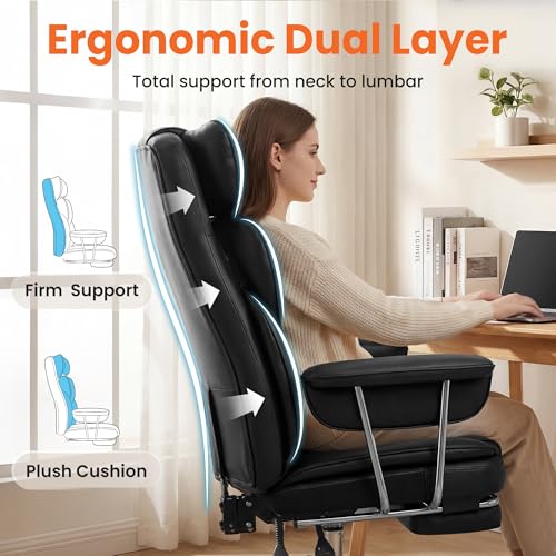 NEO CHAIR Big & Tall Leather Office Chair, High Back, Lumbar Support, Black | Gaming Chair for Adults and Computer Use, Reclining Office Chair with Foot Rest, Comfy Design and Heavy Duty Support - color: Black