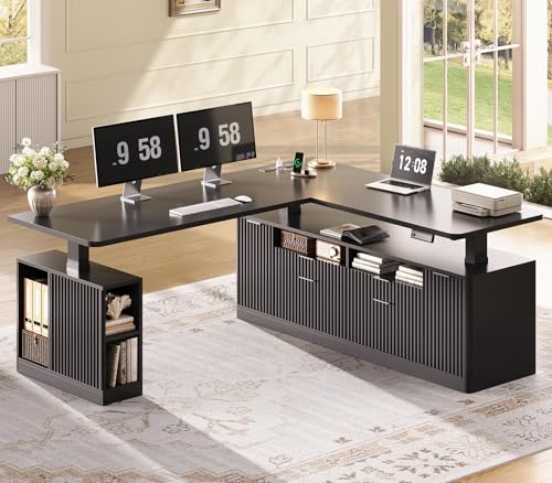 SEDETA L Shaped Electric Standing Desk, 69" x 55"Height Adjustable Office Executive Desk with 4 Drawers and Storage Shelves, Fluted Sit Stand Computer Desk with Power Outlet for Home Office (Black) - color: Black