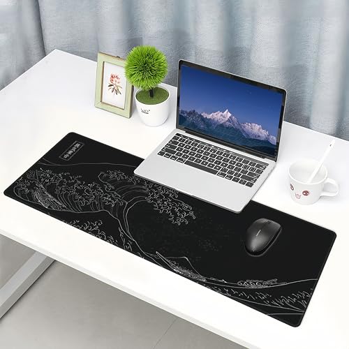 Great Wave Off Kanagawa Desk Mat,Black Gaming Mouse Pad,31.5 x 12 in | Large Extended Japanese Sea Wave Anime Mousemat,XL Minimalist E-sport Soft Micro Woven Cloth PC Keyboard Mat,80x30 cm - color: Sea Wave Y