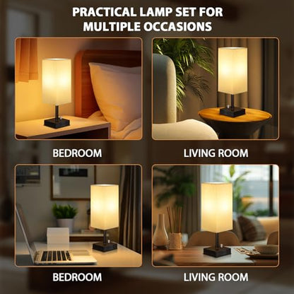 Bedside Table Lamps Set of 2 for Bedroom - Dimmable, USB C+A, 2 AC Outlets | Stepless Dimmable by Rotary Knob, 3000K LED Bulbs Included, Square Beige Linen Shade, Nightstand Lamp for Living Room, Desk - color: Beige