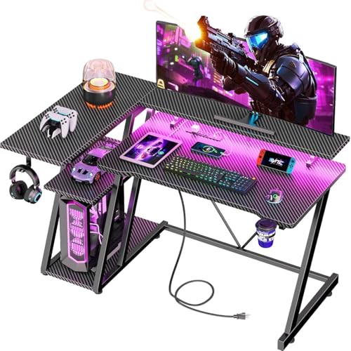 Korfile 40 Inch Gaming Desk with Power Outlet & LED Lights, L Shaped Computer Gaming Table with 3 Tiers Storage Shelves, Corner Gamer Desk with Monitor Stand for Small Space, Carbon Fiber Black | L Shaped Computer Gaming Table, Corner Gamer Table, with 3