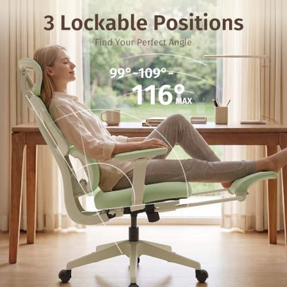 WELAX Ergonomic Office Chair with Lumbar Support, High Back Home Desk Chair with 3D Headrest & 4D Armrests, S3 Pro Ergonomic Mesh Office Chair with Footrest, Gaming & Executive Computer Chairs, Green - color: Cloud Green, size: With 16.5'' Footrest