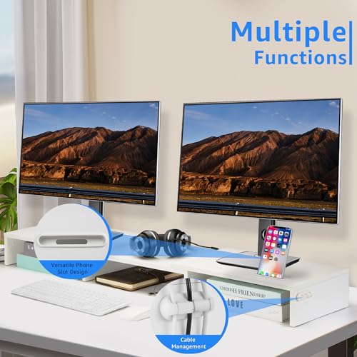 La Jaco Dual Monitor Stand Riser for 2 Monitors, Monitor Stand for Desk, Adjustable Length & Swivel Angle Wooden Desktop Organizer Stand Riser with Smartphone Holder for PC Monitor Laptop, White