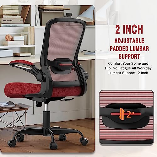 Ergonomic Office Chair w/Adjustable Lumbar, Flip Armrest, 135° Recline - color: Red, Carmine Roses