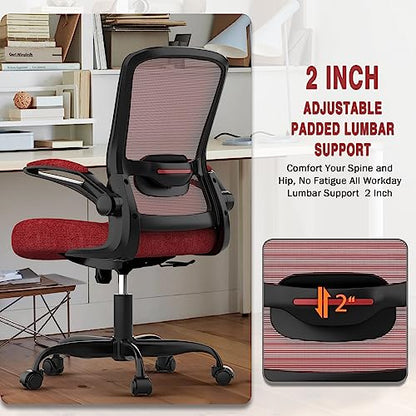Ergonomic Office Chair w/Adjustable Lumbar, Flip Armrest, 135° Recline - color: Red, Carmine Roses