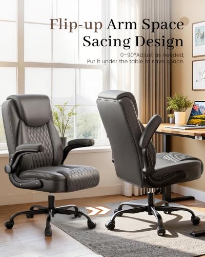 COMHOMA Mid-Back Office Chair, Ergonomic PU Desk Chair with Flip up Arms, Small Computer Gaming with Comfy Lumbar Support,Rocking Function,Sturdy Metal Base, Grey - color: Grey