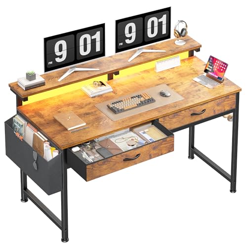 DurayLoly Gaming Desk with 2Drawers & LED Lights,Space Saving,Rustic Brown - color: Brown, size: 47.3 Inch
