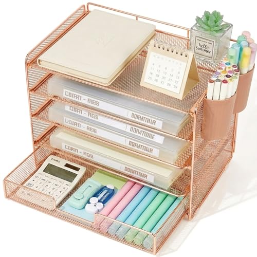 LEKETREE Desk Organizer and Accessories, 5-Tier Paper Letter Tray Organizer with Drawer & 2 Pen Holders for Desktop File Organization, Office Desk Accessories for Supplies Storage (Rose Gold) - color: Rose Gold, size: 12" x 8" x 10"