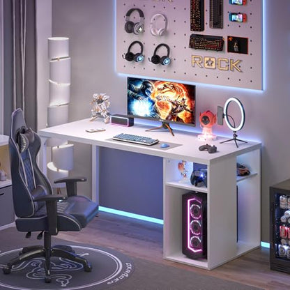 EXCEFUR White Computer Desk with Storage Shelves, Modern Home Office Desk, Reversible Wood and Metal Writing Study Table Workstations for Living Room Bedroom, 53 Inch - color: White